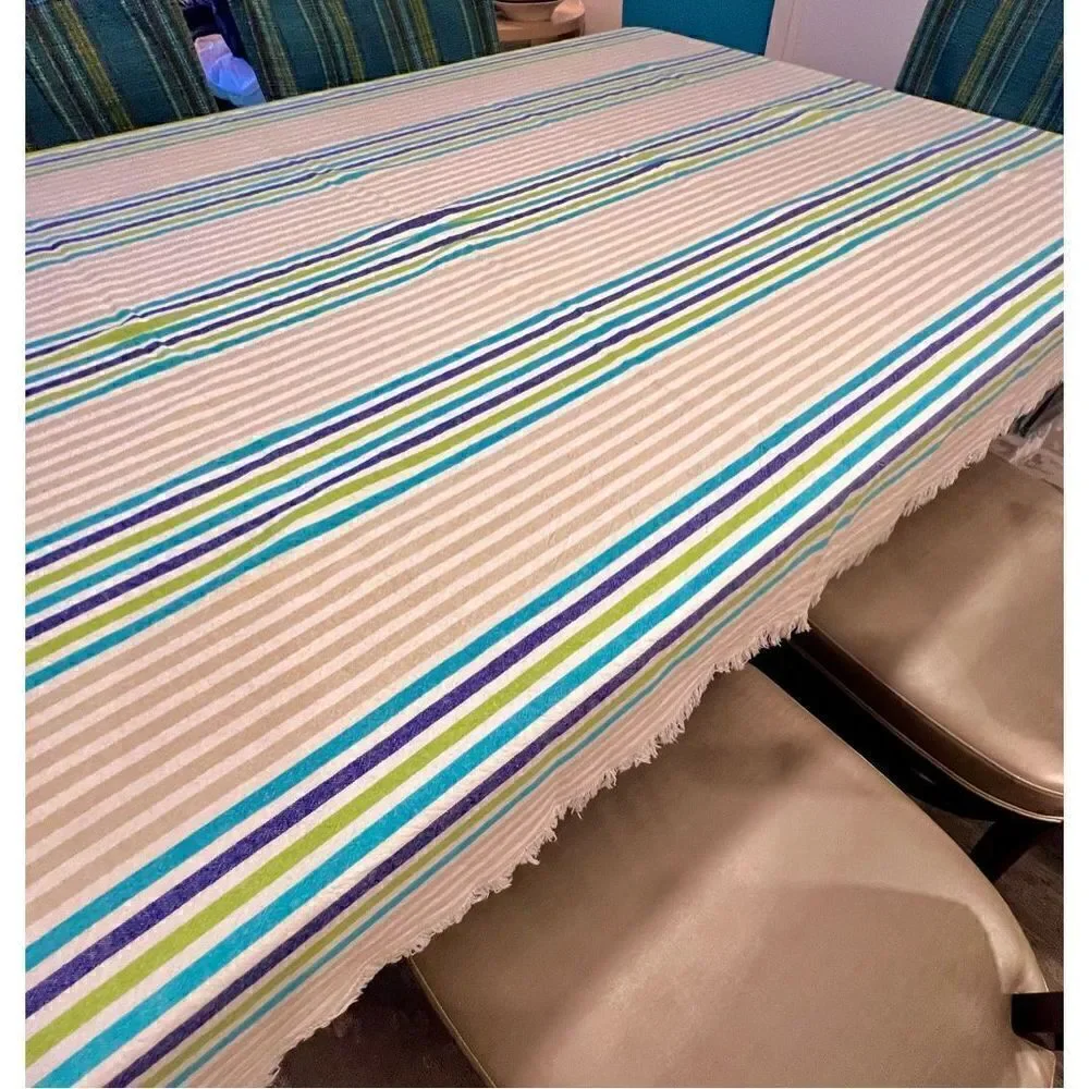 Max Studio Home Tablecloth Blue/Aqua/Green Striped Fringed 54 X 104 100% Cotton